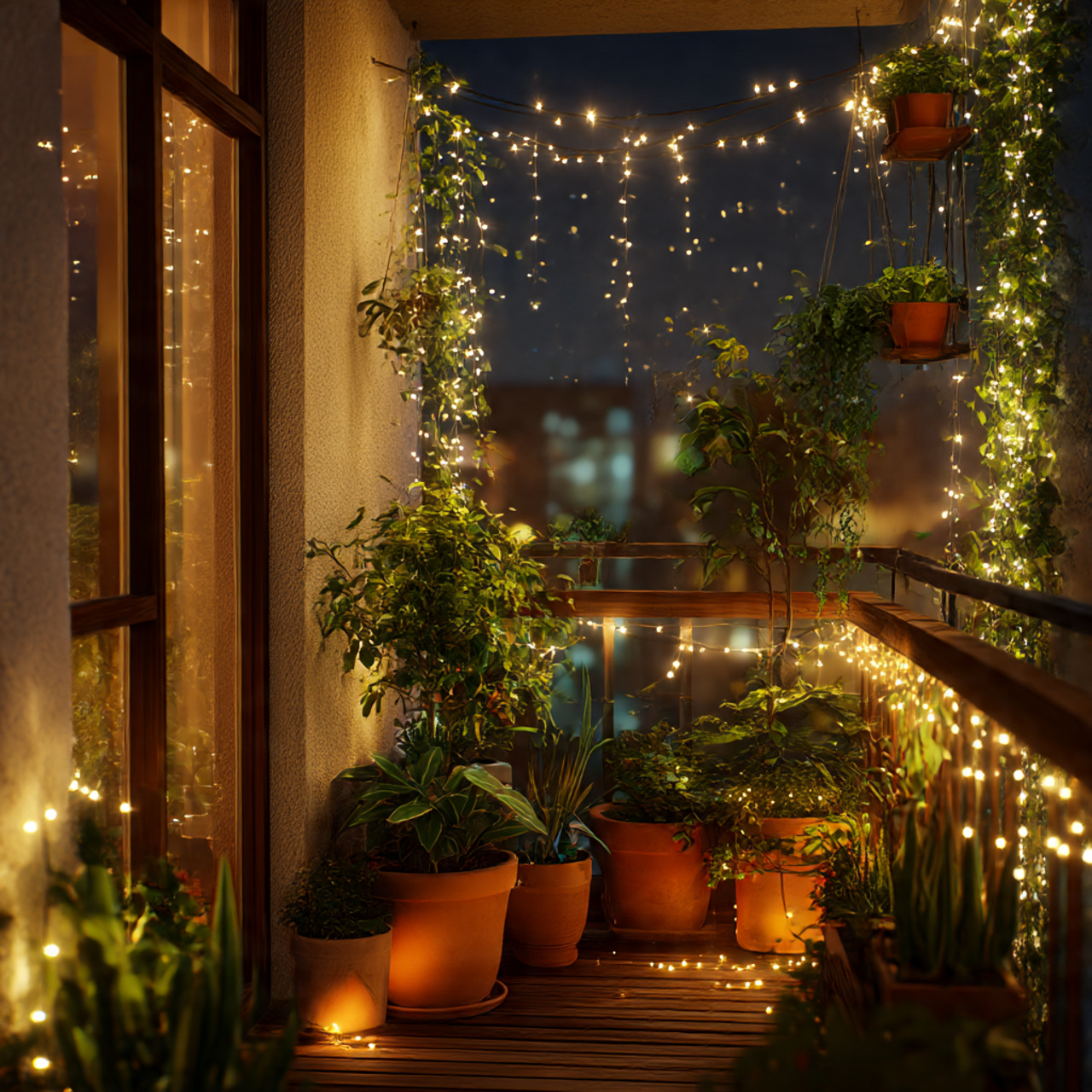 Balcony Garden with Fairy Lights