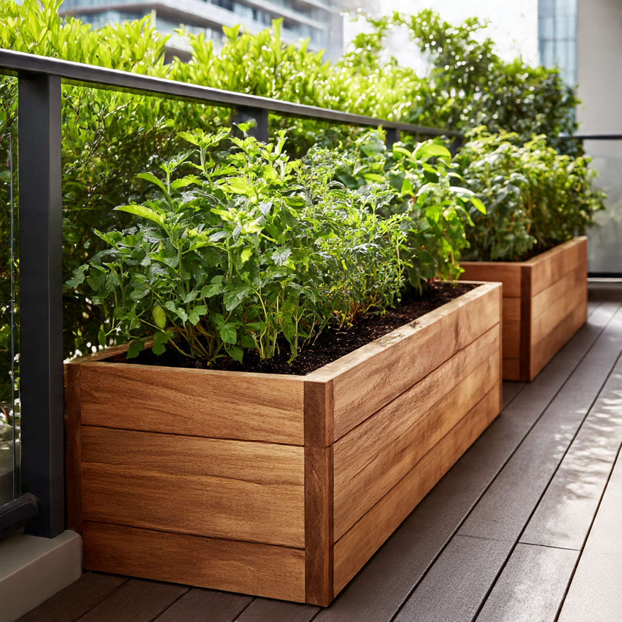 Balcony Garden with Wooden Planters