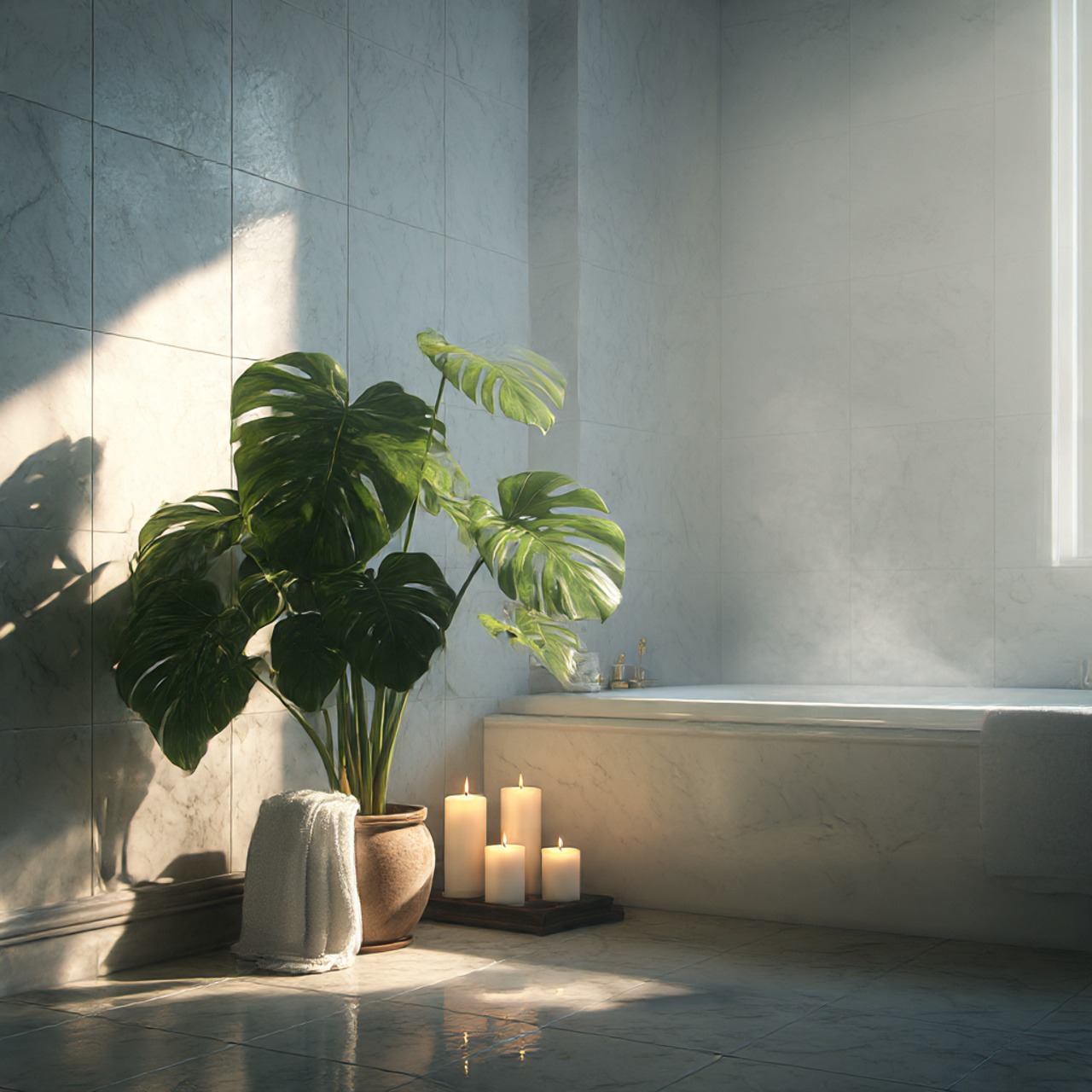 Bathroom Oasis with Monstera Plant