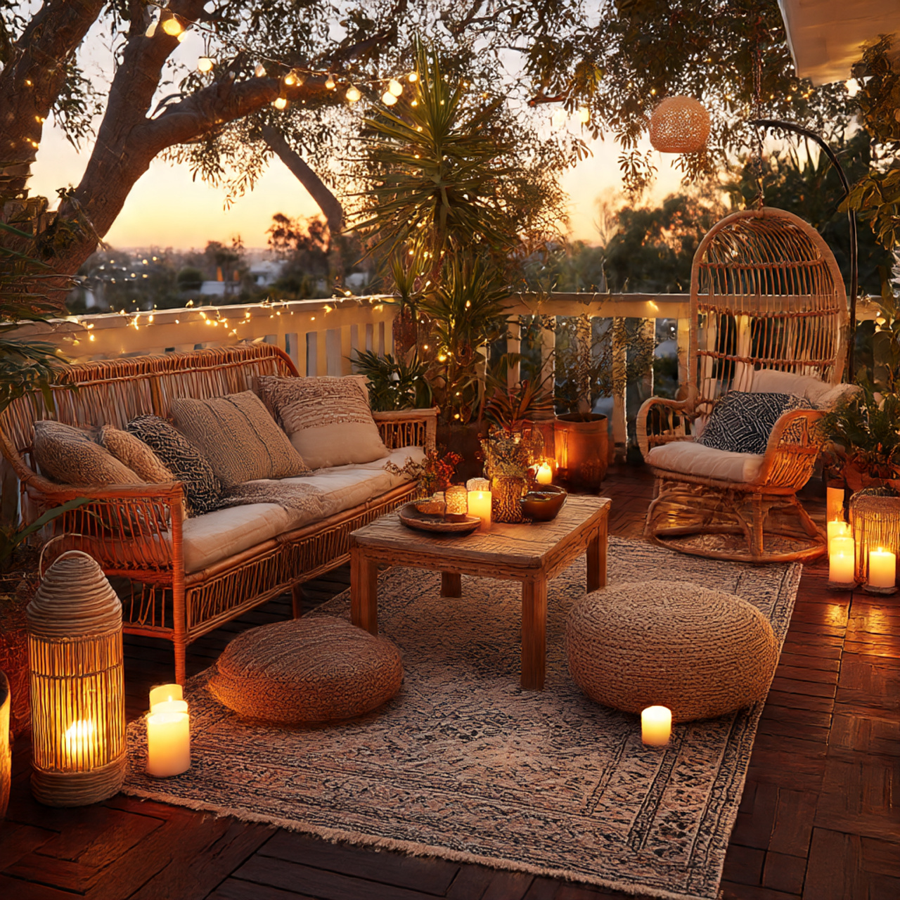 Boho Patio Lighting with Lanterns and Fairy Lights