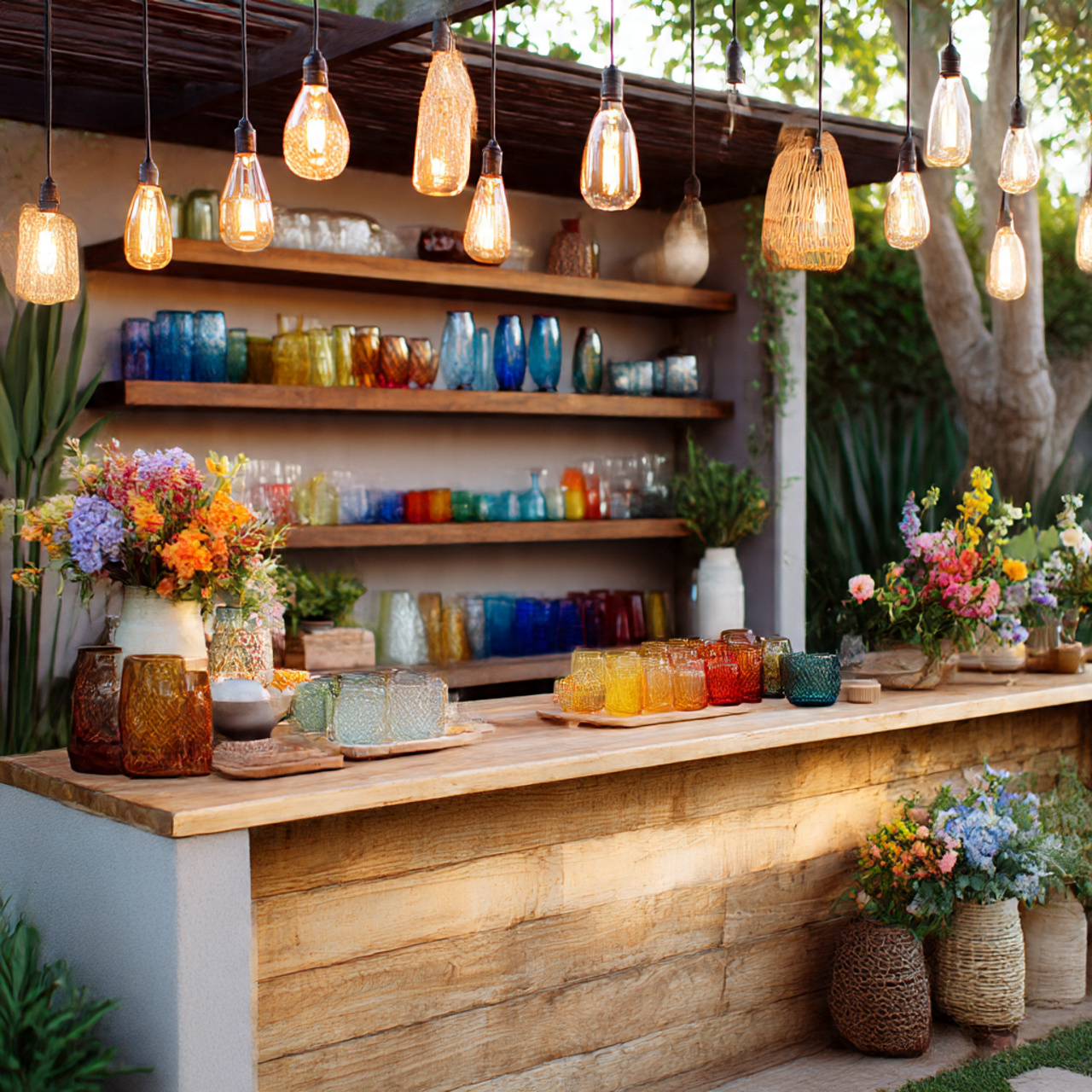 Boho Patio with Outdoor Bar Setup