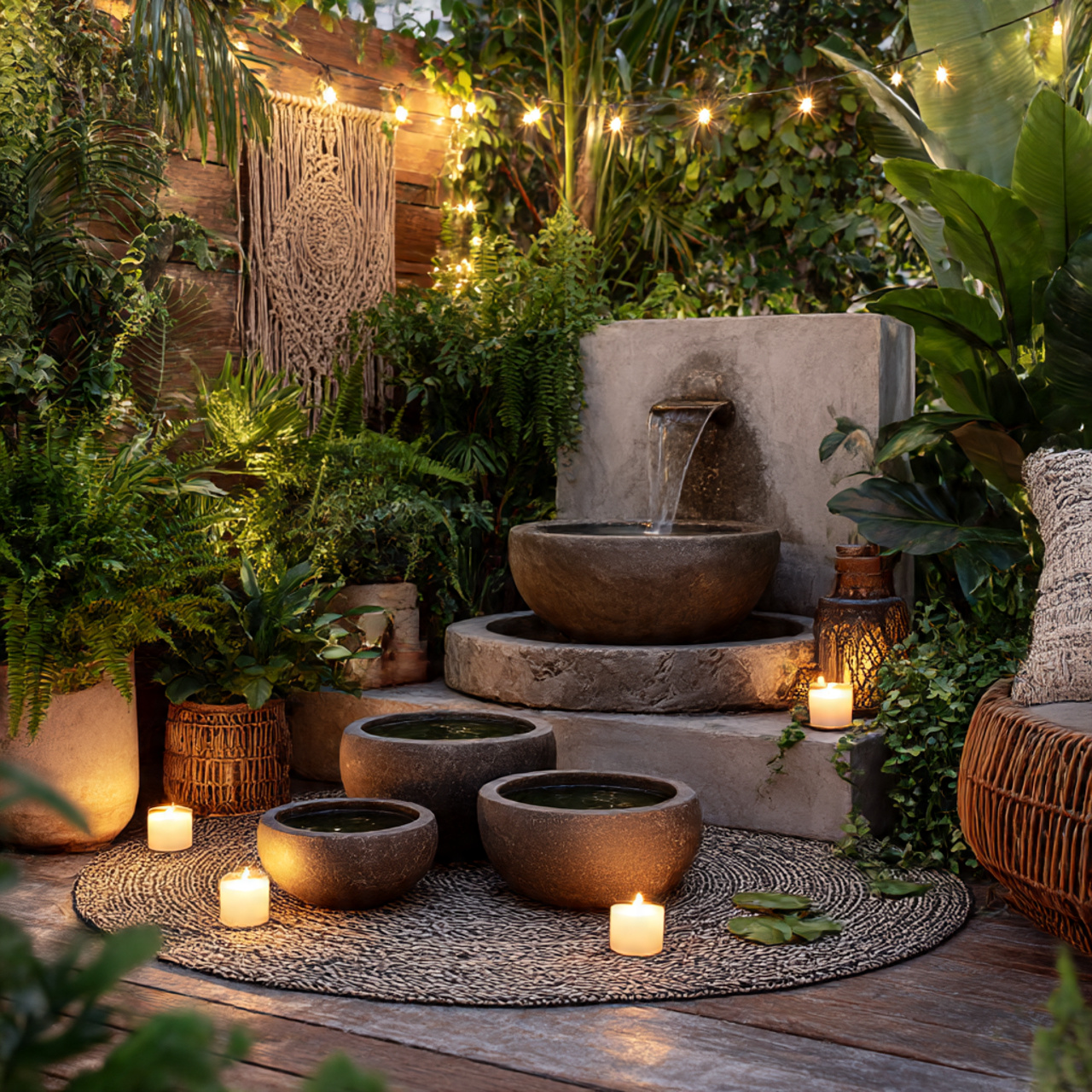 Boho Patio with Water Feature
