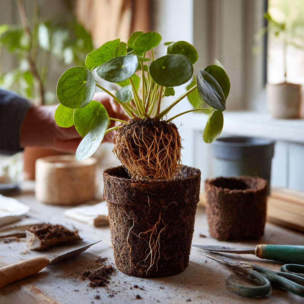 Repotting a Root-Bound Chinese Money Plant