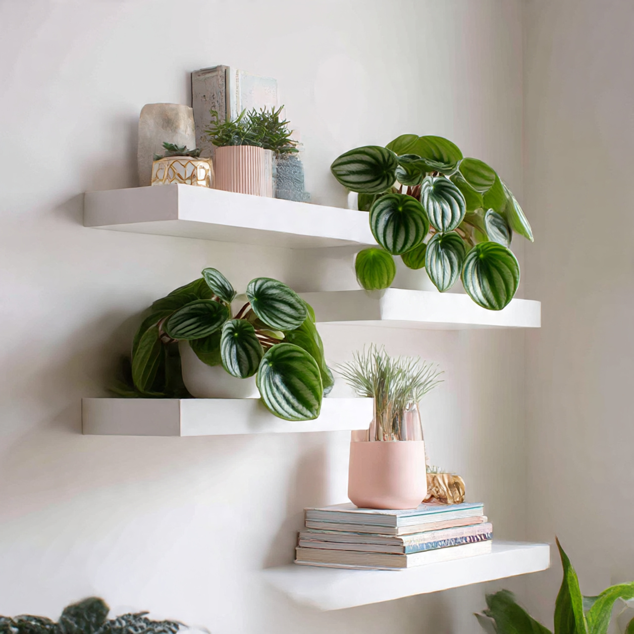 Watermelon Peperomia on Floating Shelves