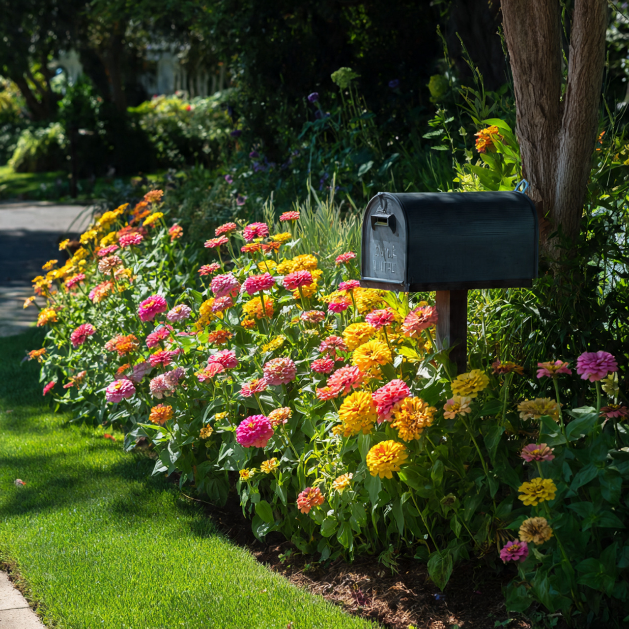 Zinnia Garden Around Mailboxes