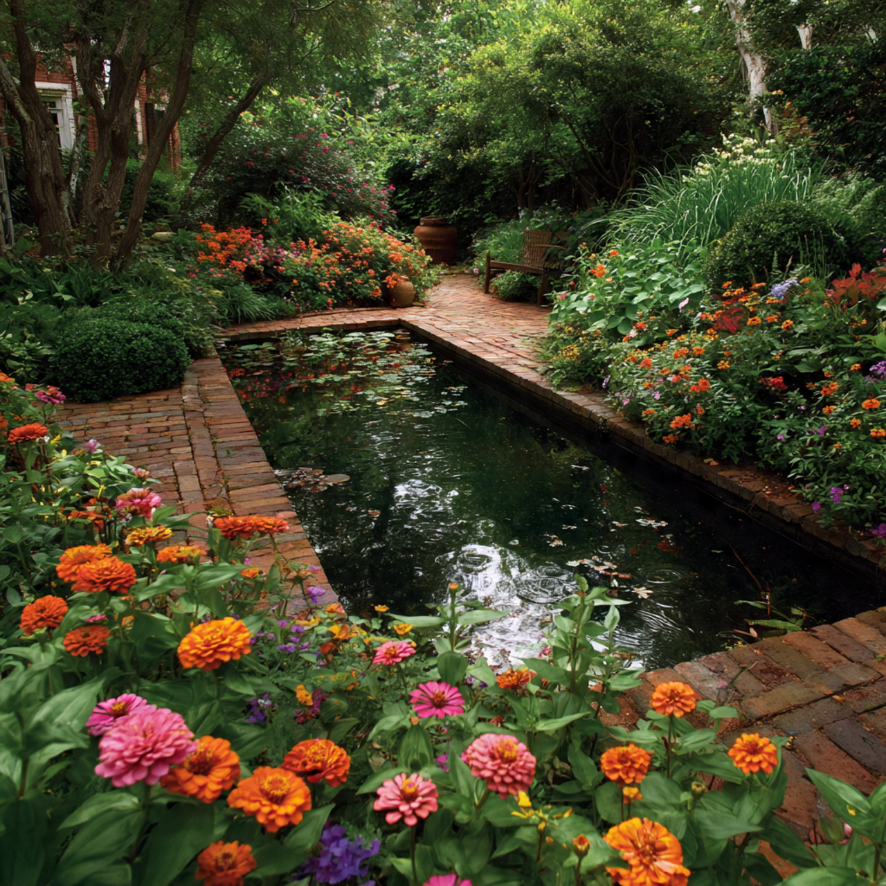 Zinnia Garden Around Water Features