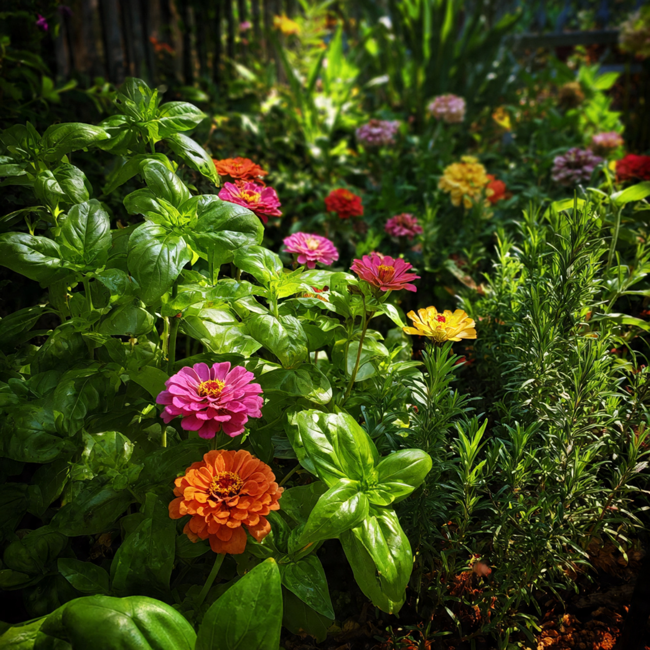 Zinnia Garden Mixed with Herbs
