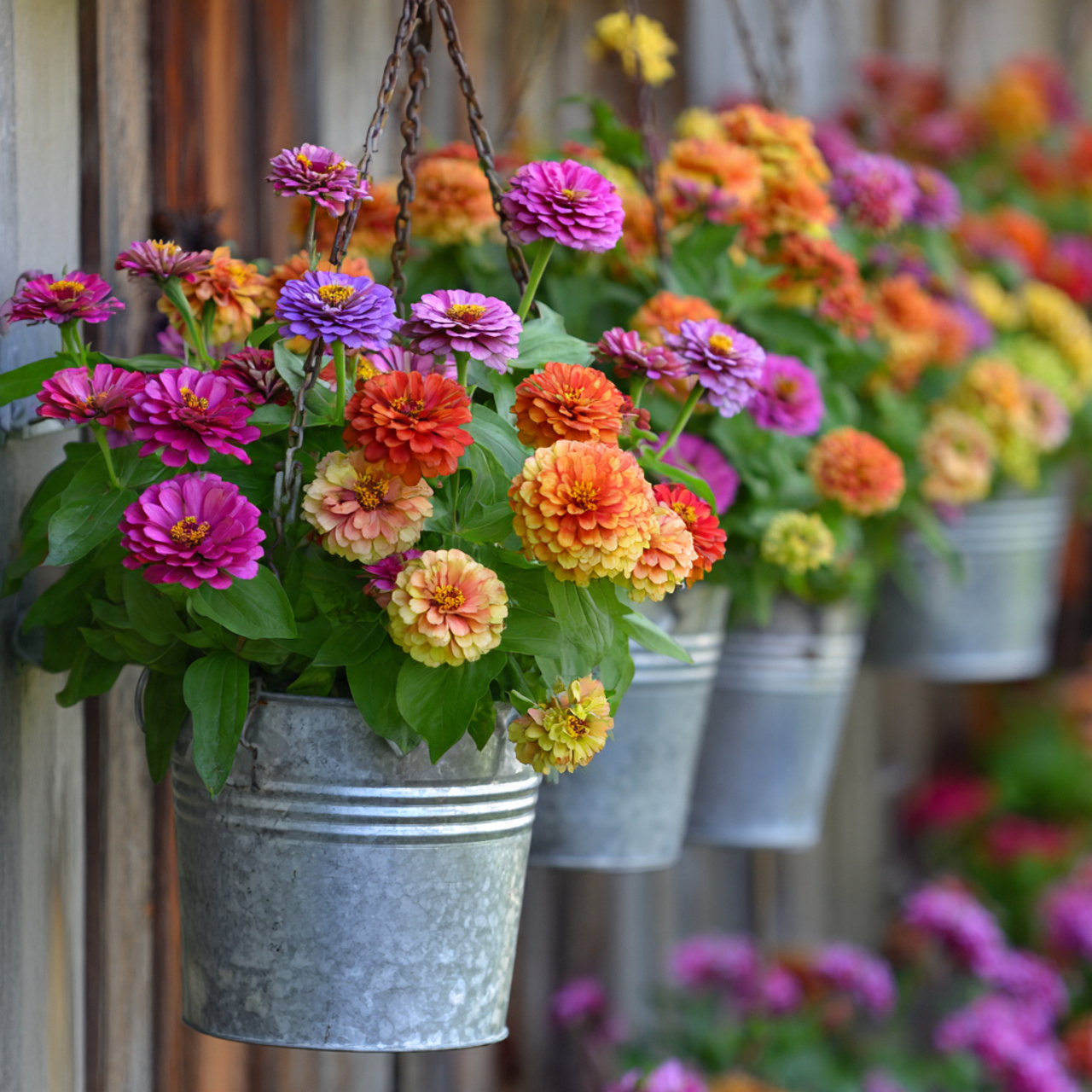 Zinnia Garden in Hanging Buckets
