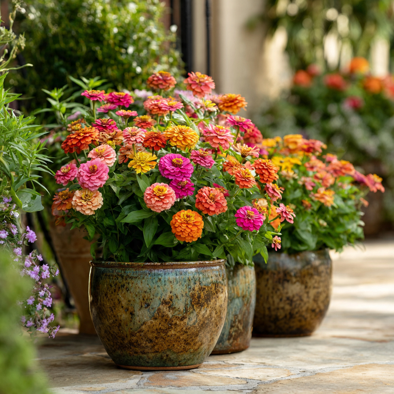 Zinnia Garden in Large Ceramic Pots