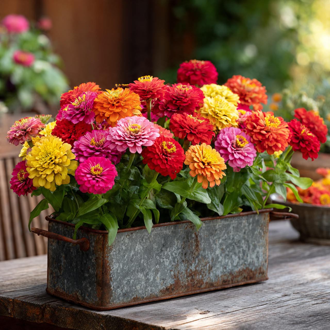 Zinnia Garden in Metal Trough Planters