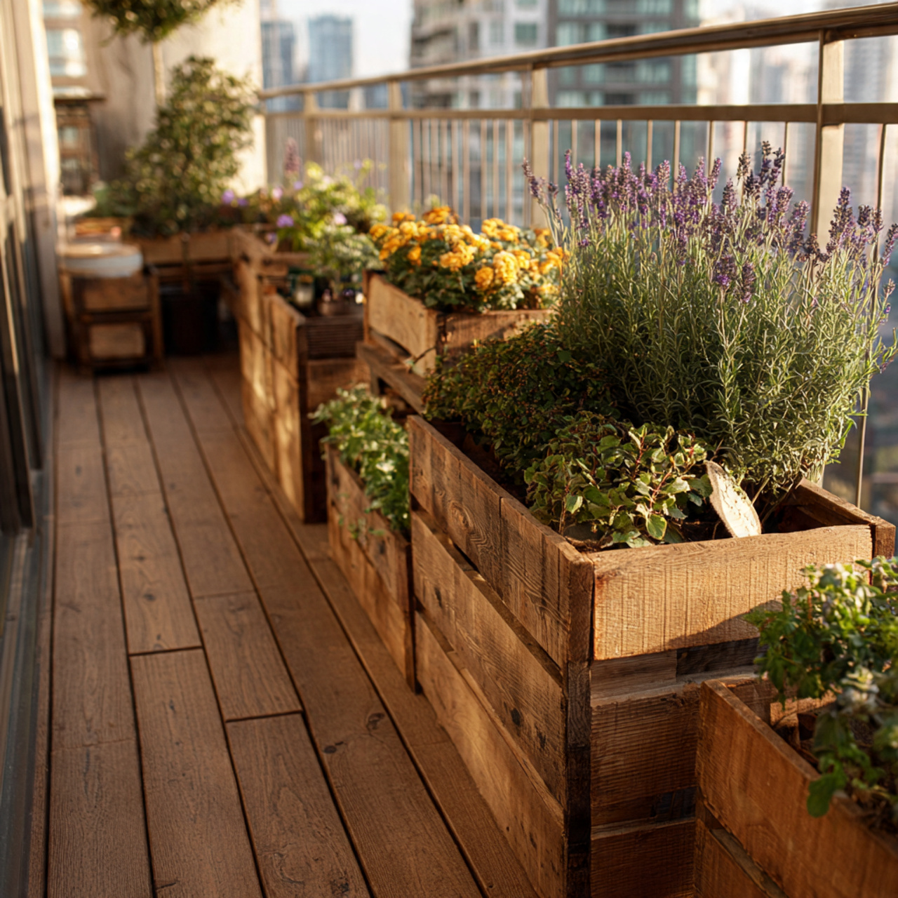 25 Stunning Balcony Garden Ideas to Transform Your Outdoor Space 18 a balcony decorated with rustic wooden planters