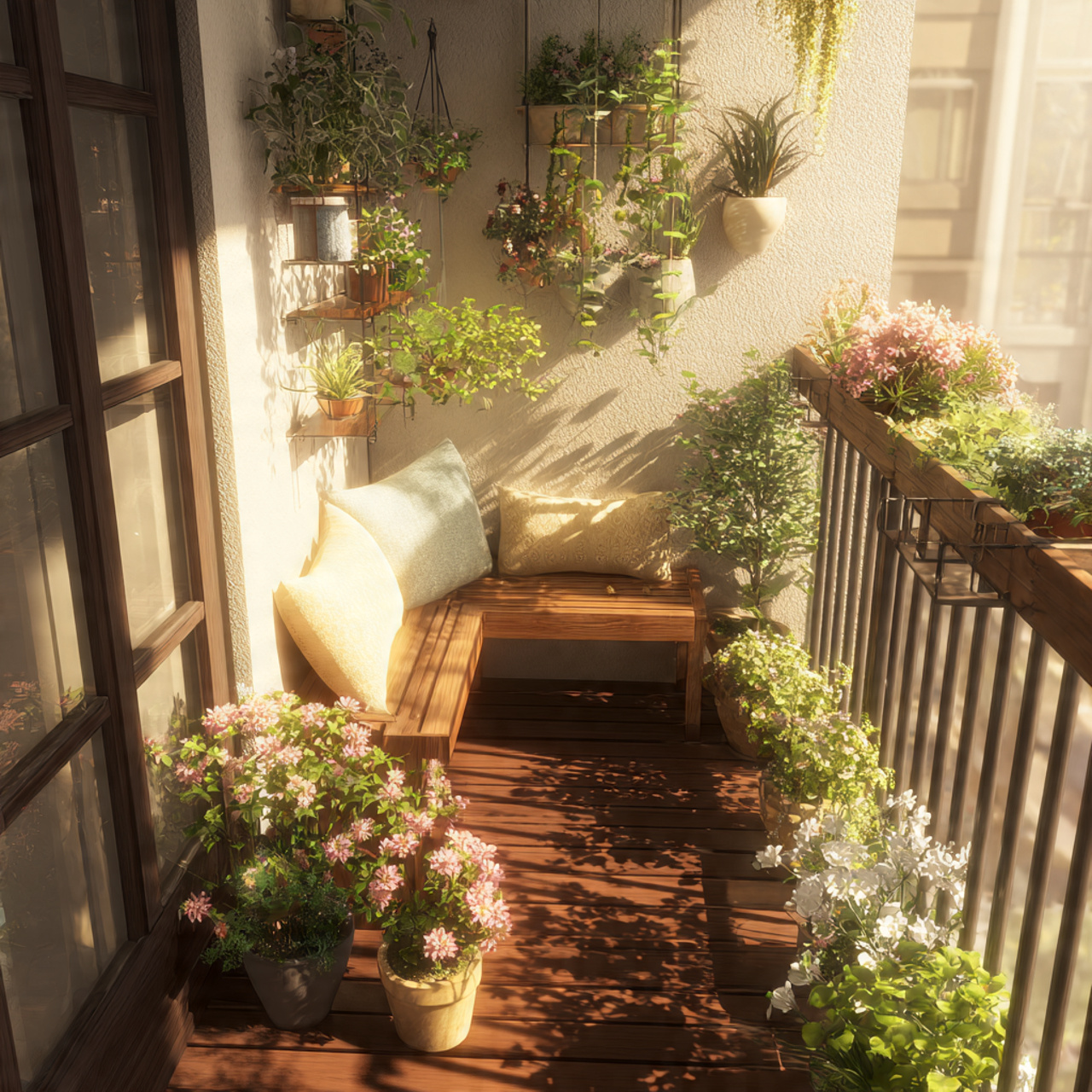 25 Stunning Balcony Garden Ideas to Transform Your Outdoor Space 22 a balcony featuring a small bench surrounded