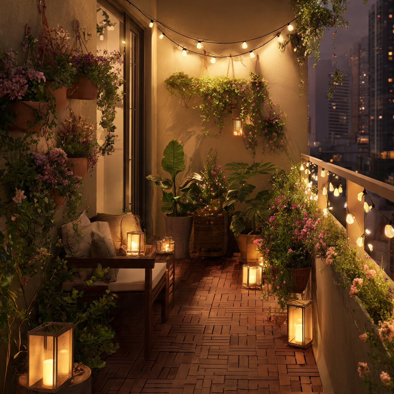 25 Stunning Balcony Garden Ideas to Transform Your Outdoor Space 24 a balcony with led string lights and
