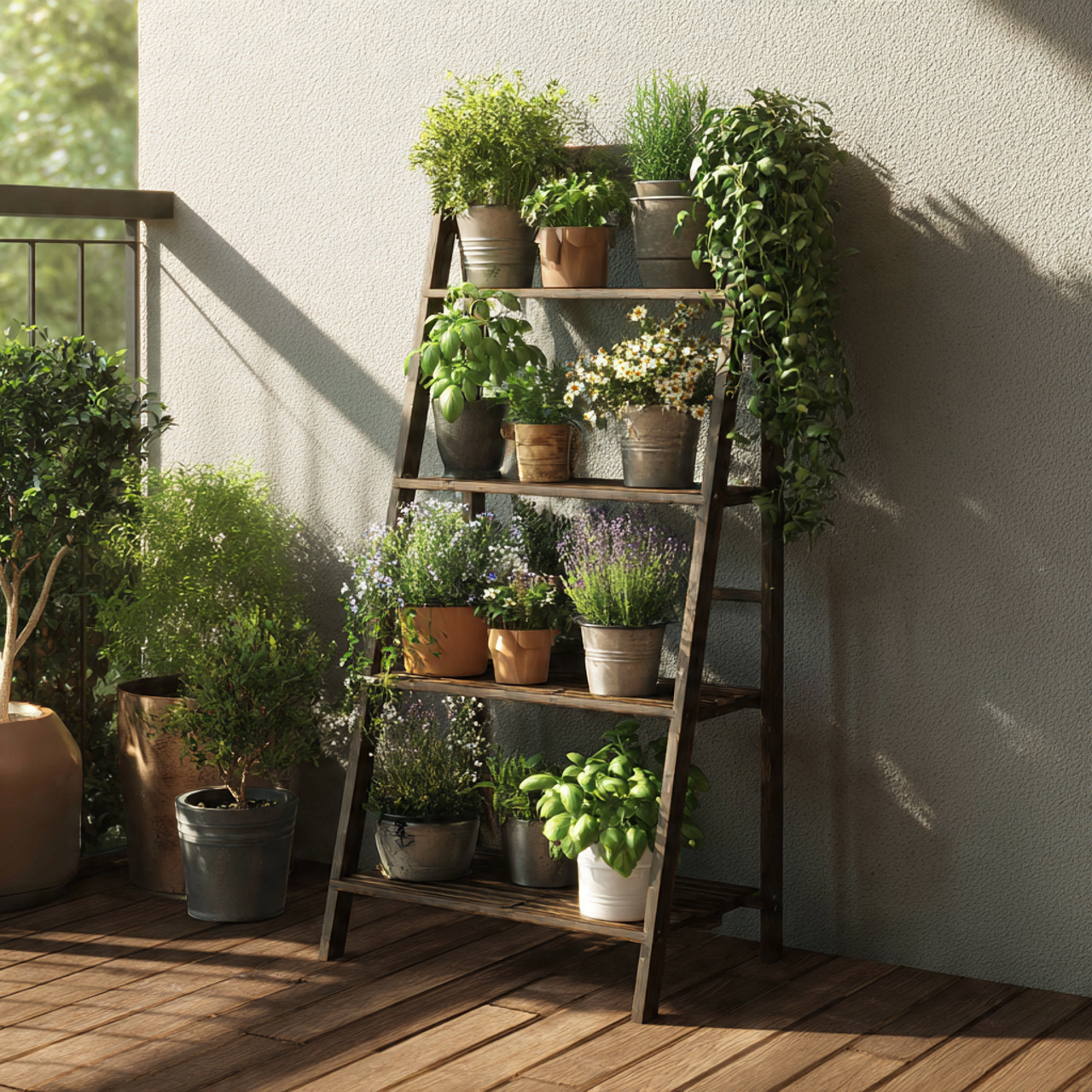 25 Stunning Balcony Garden Ideas to Transform Your Outdoor Space 23 a ladder style plant stand holding multiple pots