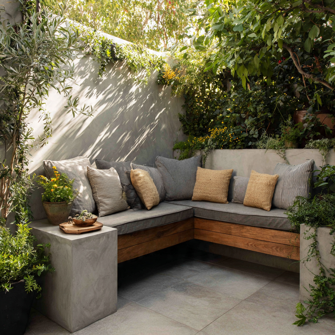 24 Patio Ideas You’ll Love: Fresh, Stylish & Easy Outdoor Upgrades 9 a modern patio corner with built in concrete