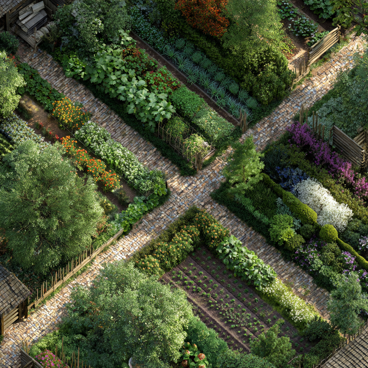 aerial view of a backyard garden divided