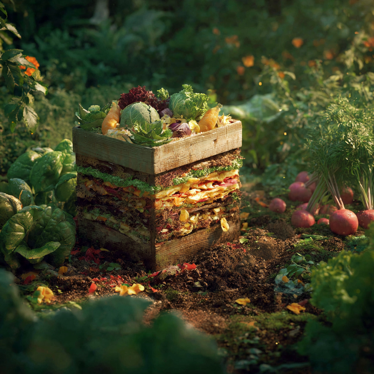 backyard compost bin with layered organic waste