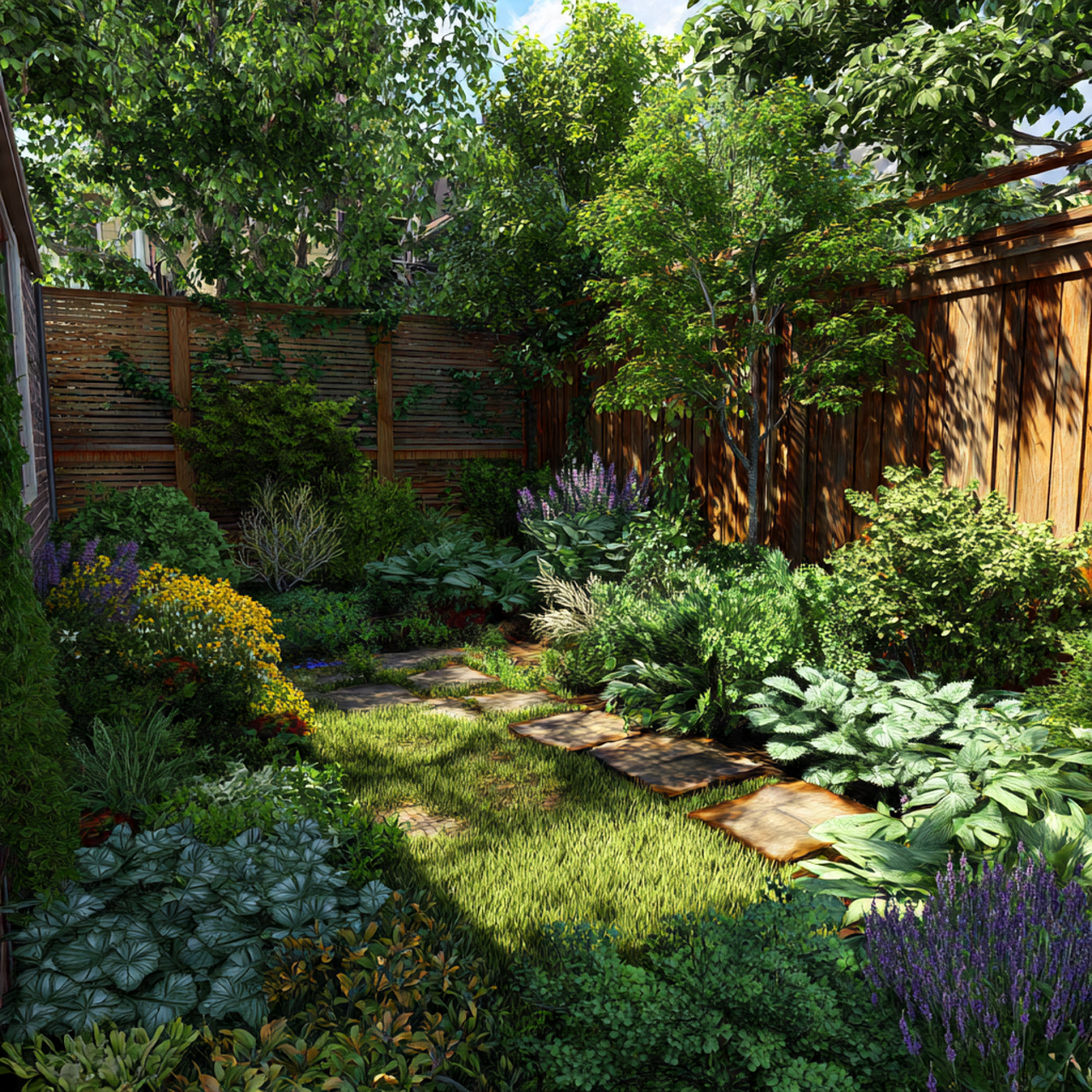 backyard garden with windbreaks small shade areas