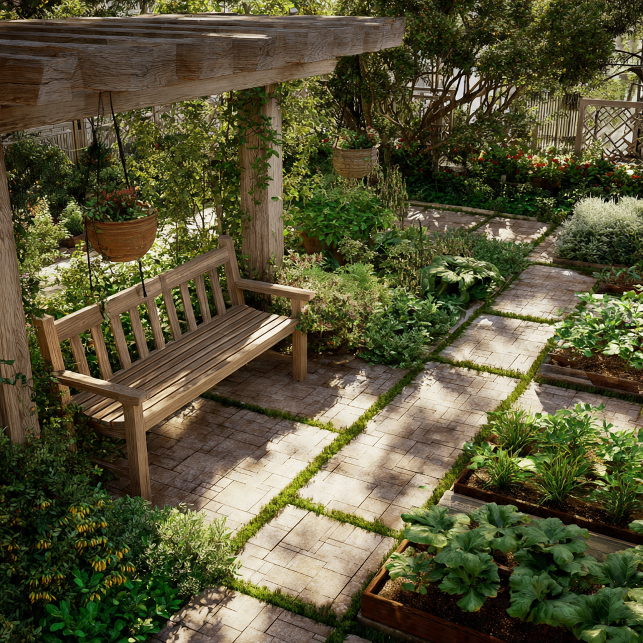 backyard garden with wooden bench and pergola