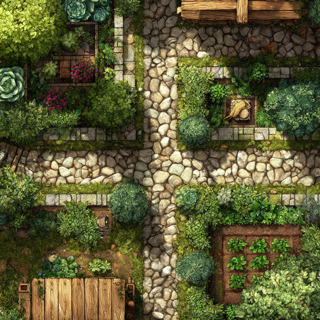 beautiful garden layout with stone pathways dividing