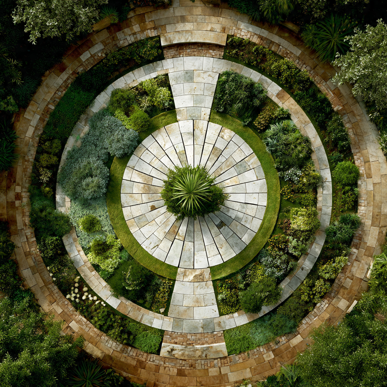 circular garden bed with radiating paths centered
