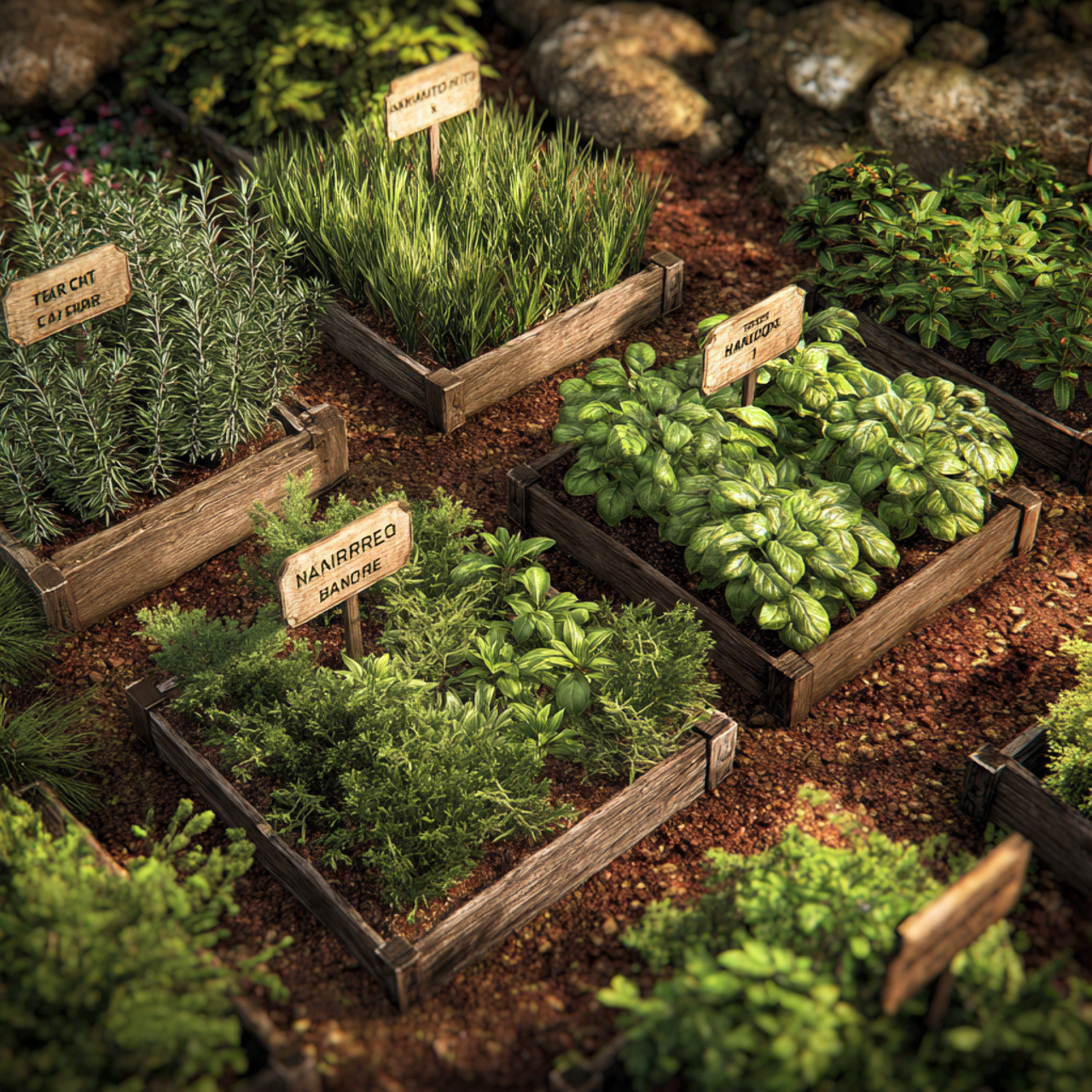 clustered herb beds with rosemary basil thyme