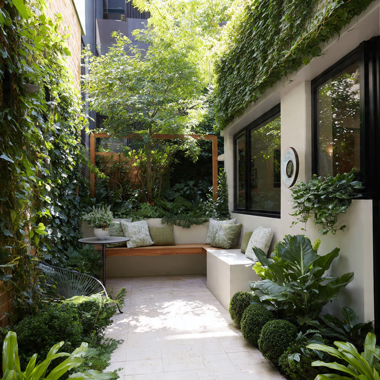 compact garden with vertical elements container plants