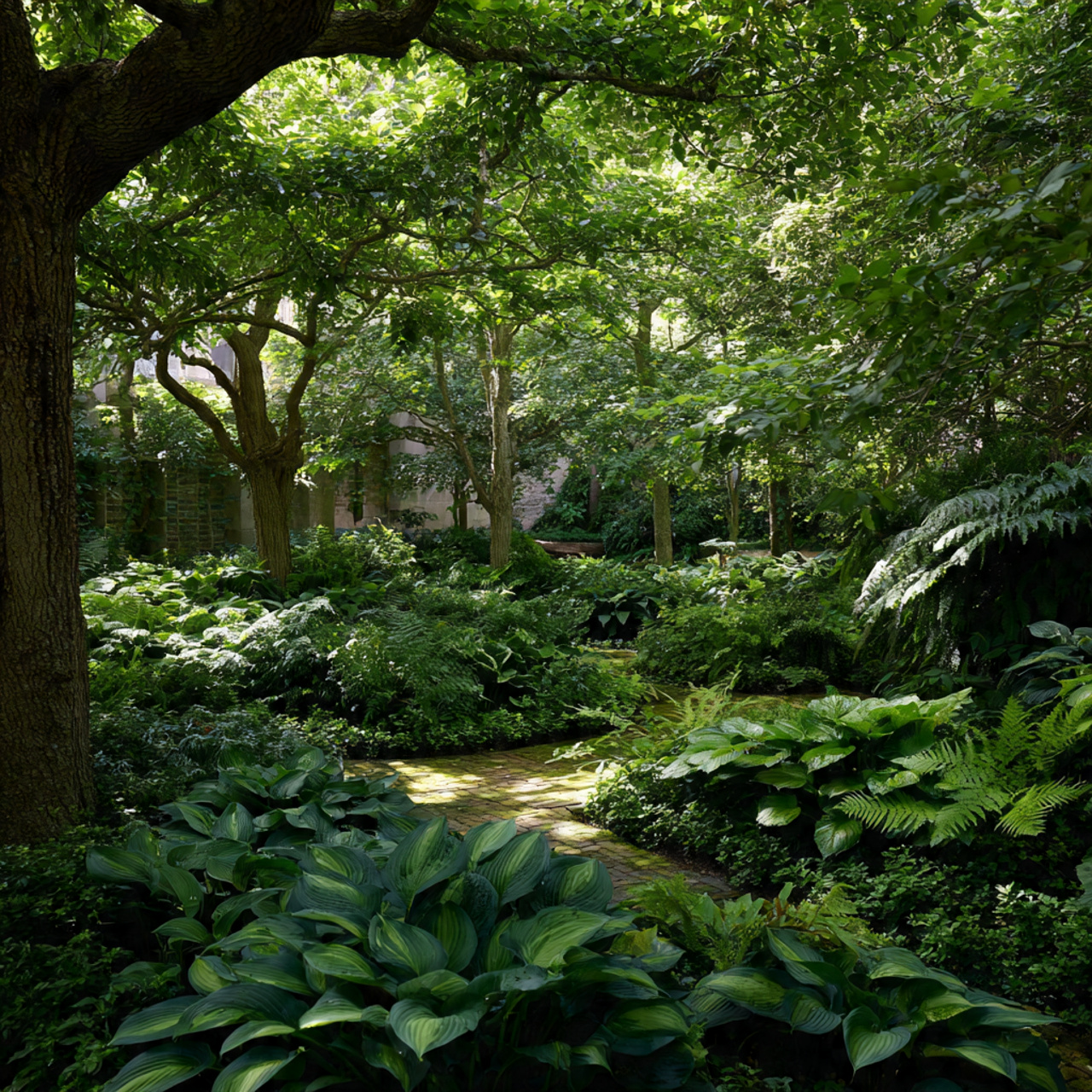 cool shaded garden under trees ferns hostas