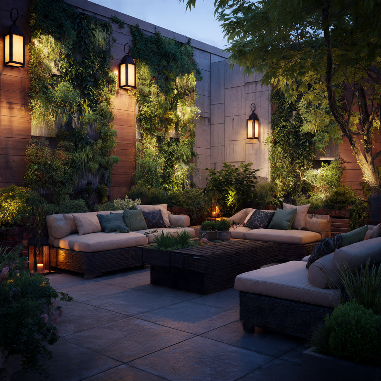 cozy backyard with lounge seating lush plant