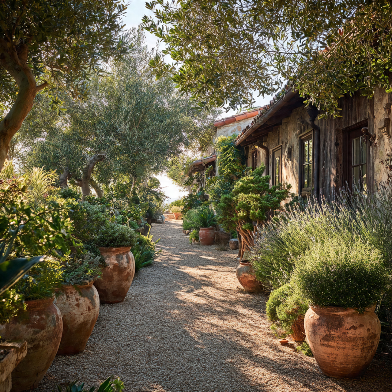 drought tolerant plants terracotta pots gravel paths olive style