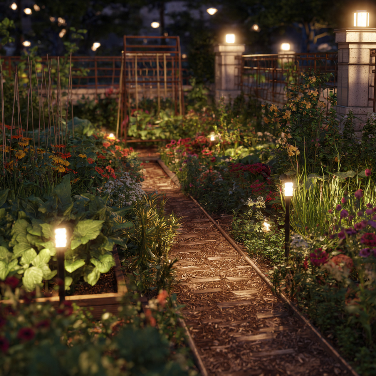 evening garden scene with soft solar lights