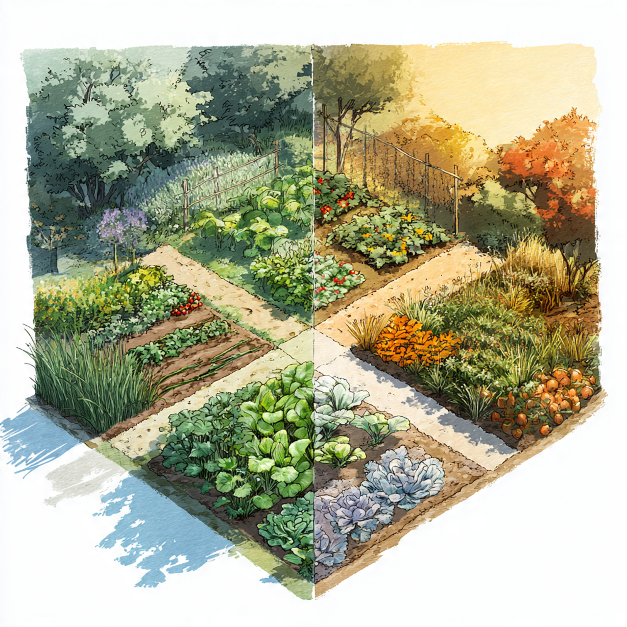 four section garden illustration showing spring summer fall