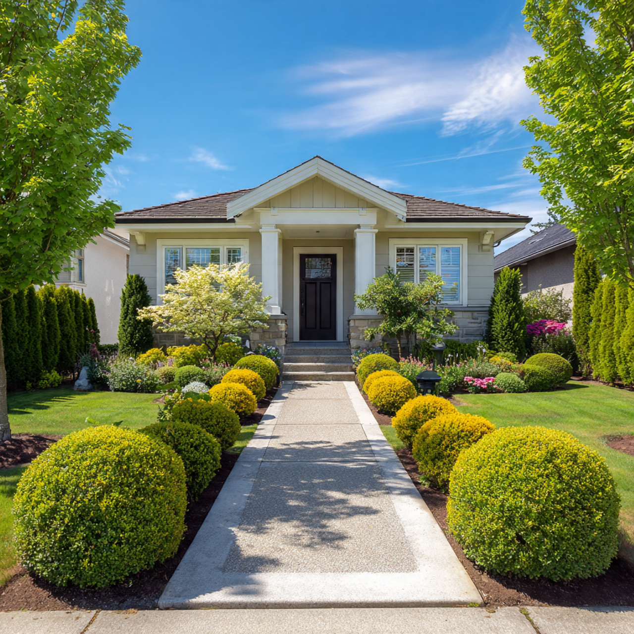 front yard with symmetrical beds clean walkway