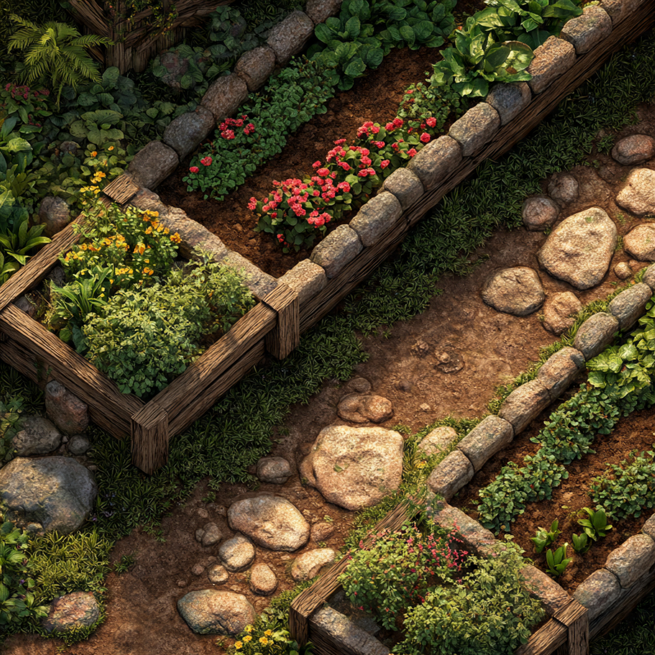 garden beds neatly outlined with stone and