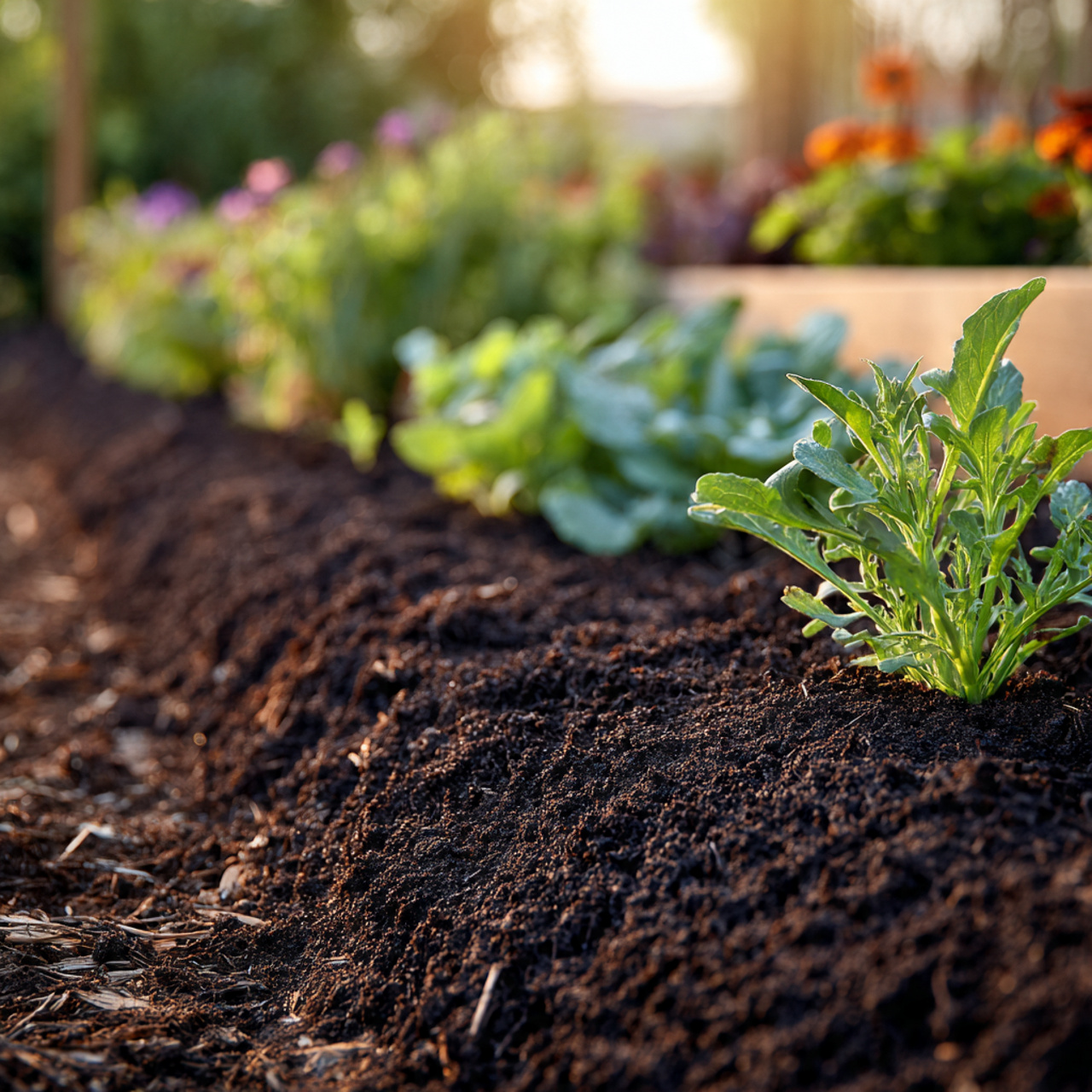 garden beds with dark organic mulch covering