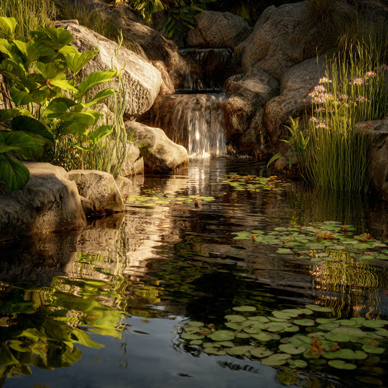 garden pond with aquatic plants small waterfall