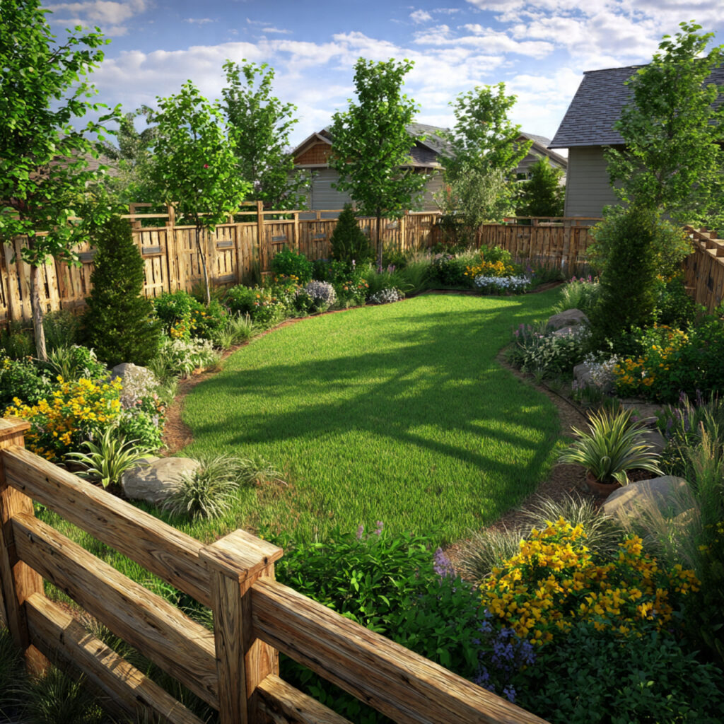 garden with plant borders along fences open