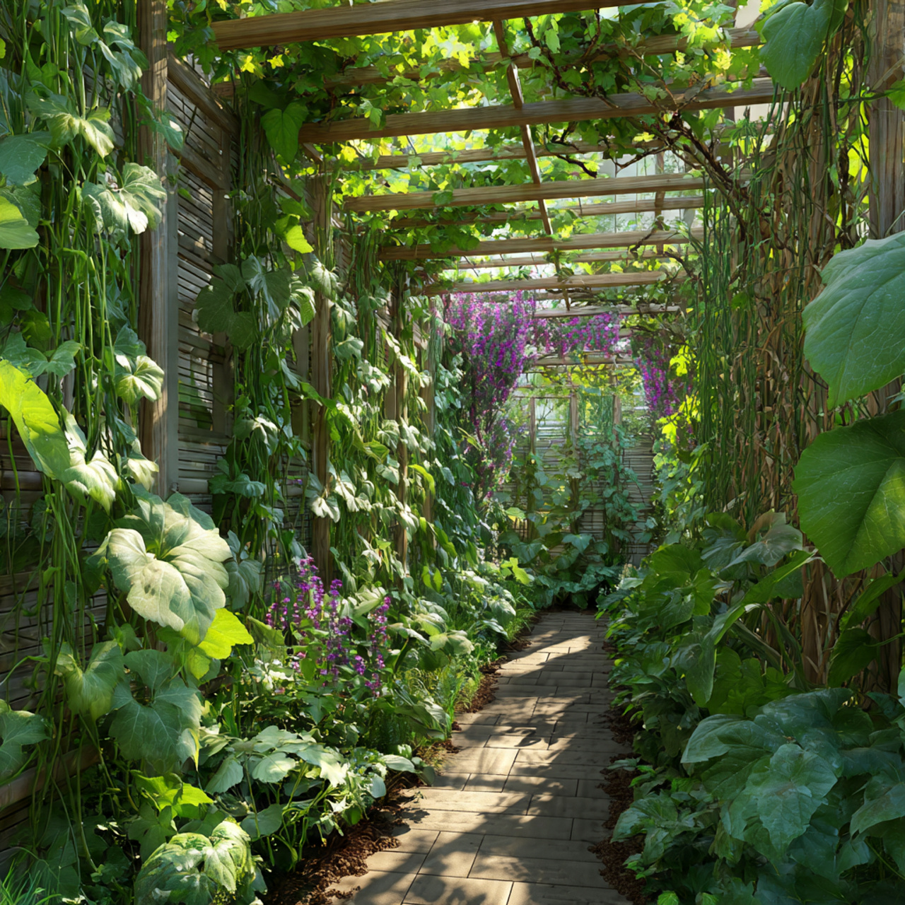 garden with trellises supporting climbing plants like