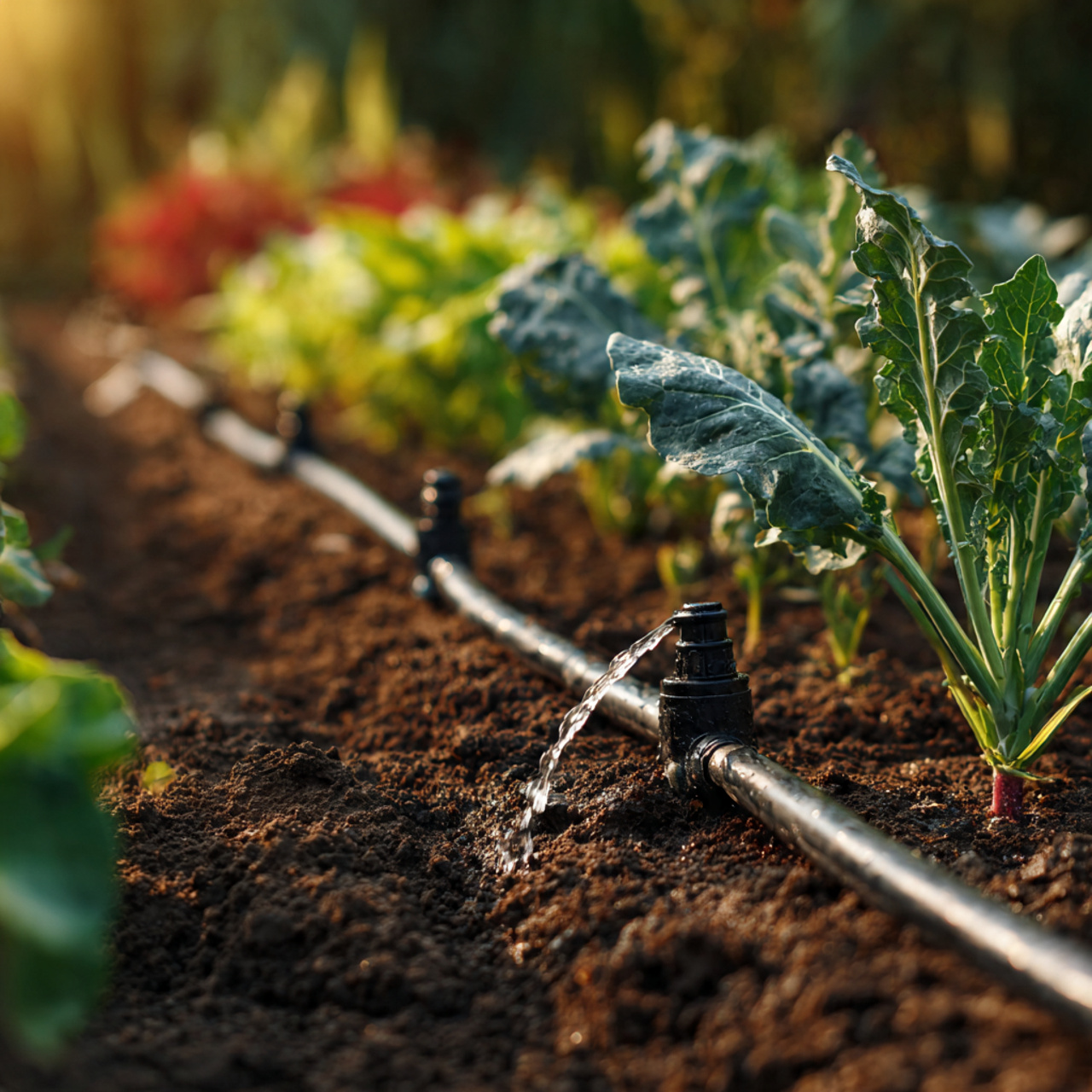 garden with vegetables and herbs drip irrigation