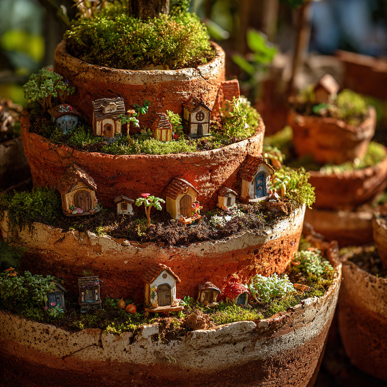 25 Magical Fairy Garden Ideas to Transform Your Home & Garden 12 layered fairy garden created from stacked broken