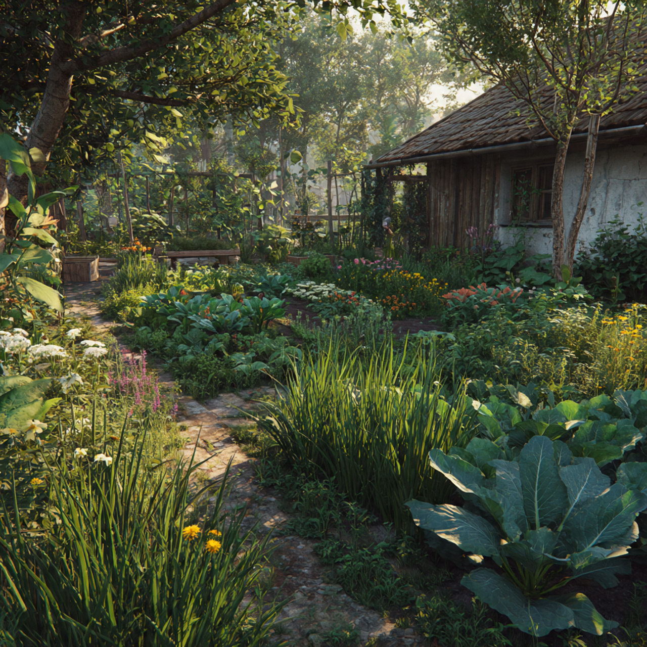 lush garden with flowers vegetables nearby realistic