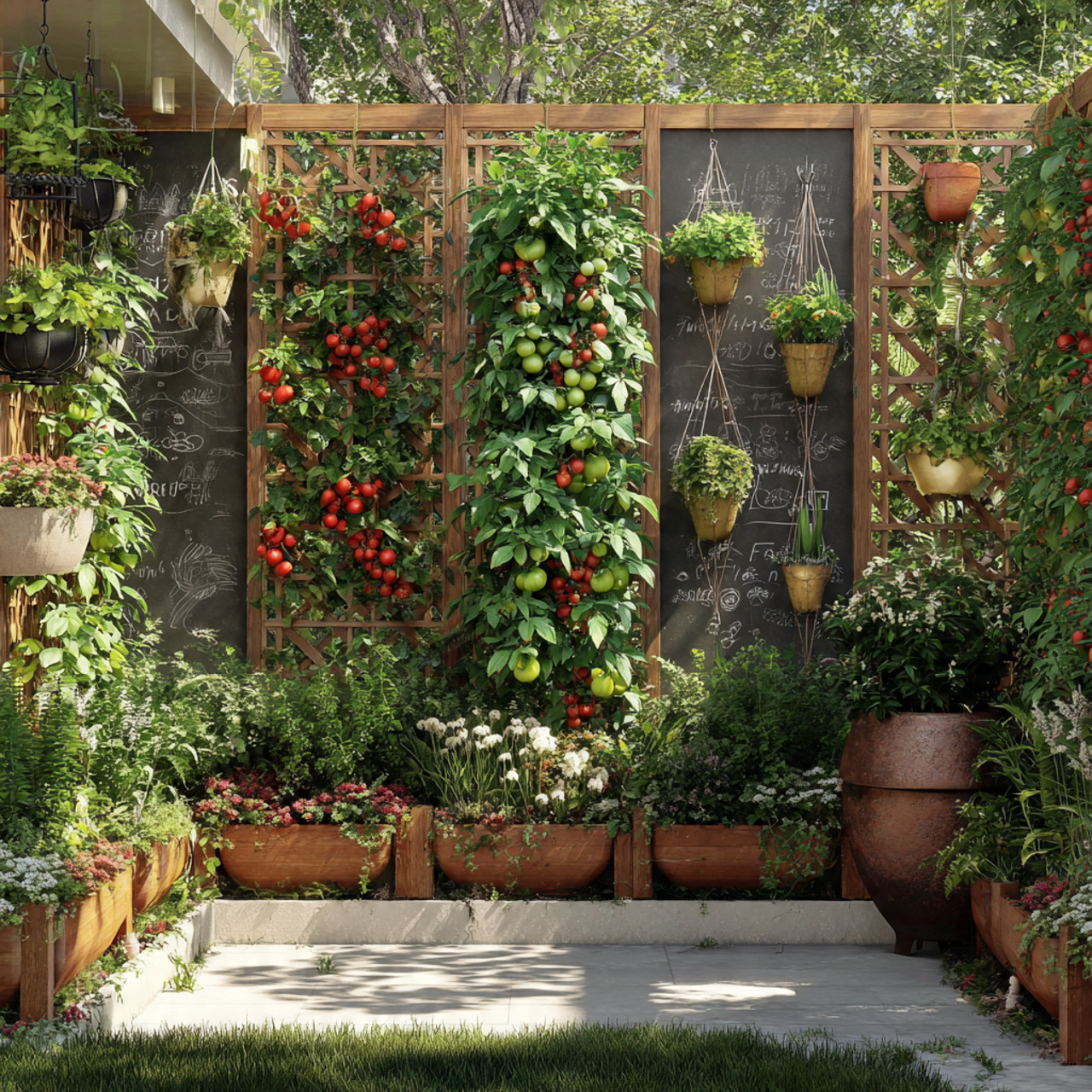 modern backyard with vertical garden using trellises