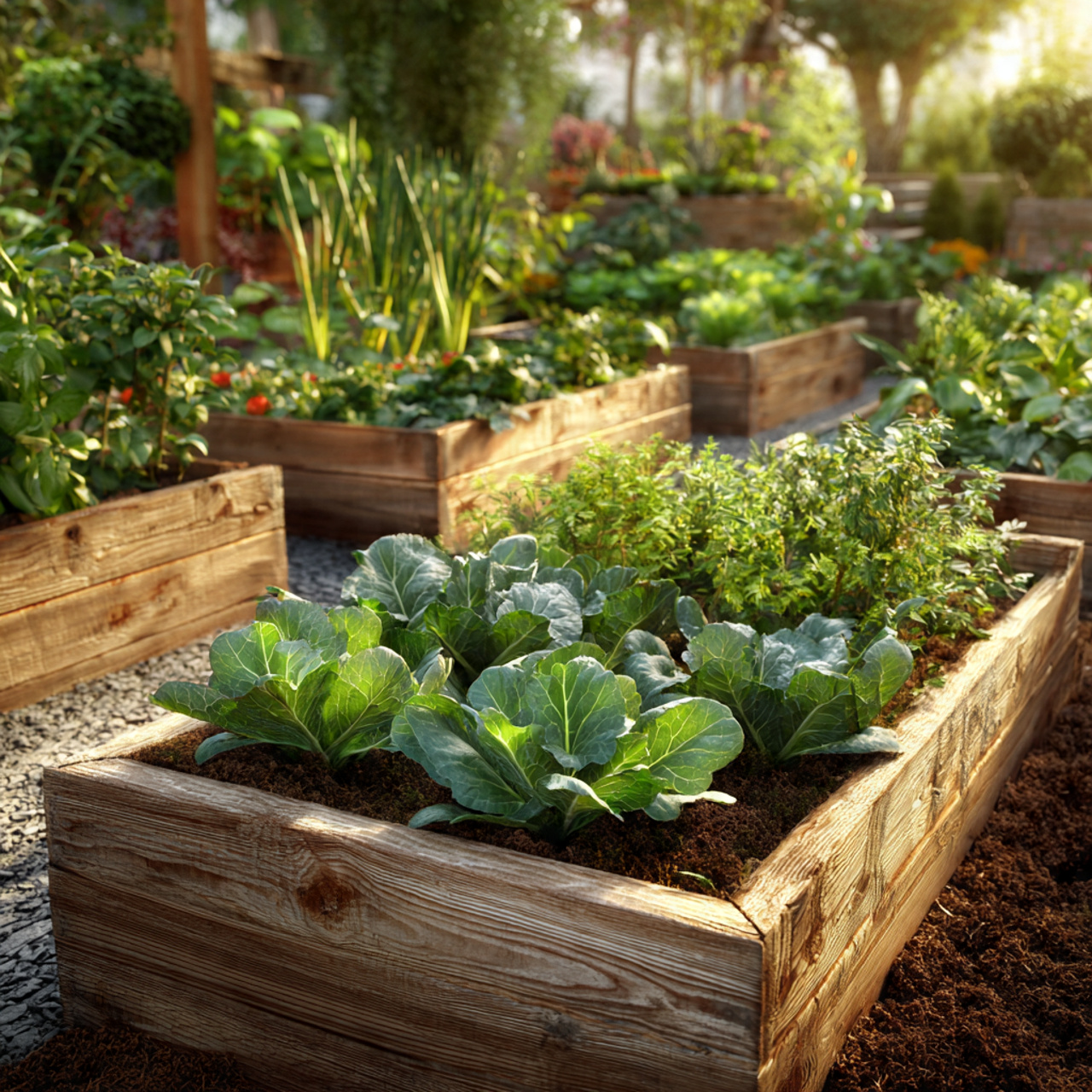 outdoor garden with multiple raised wooden beds