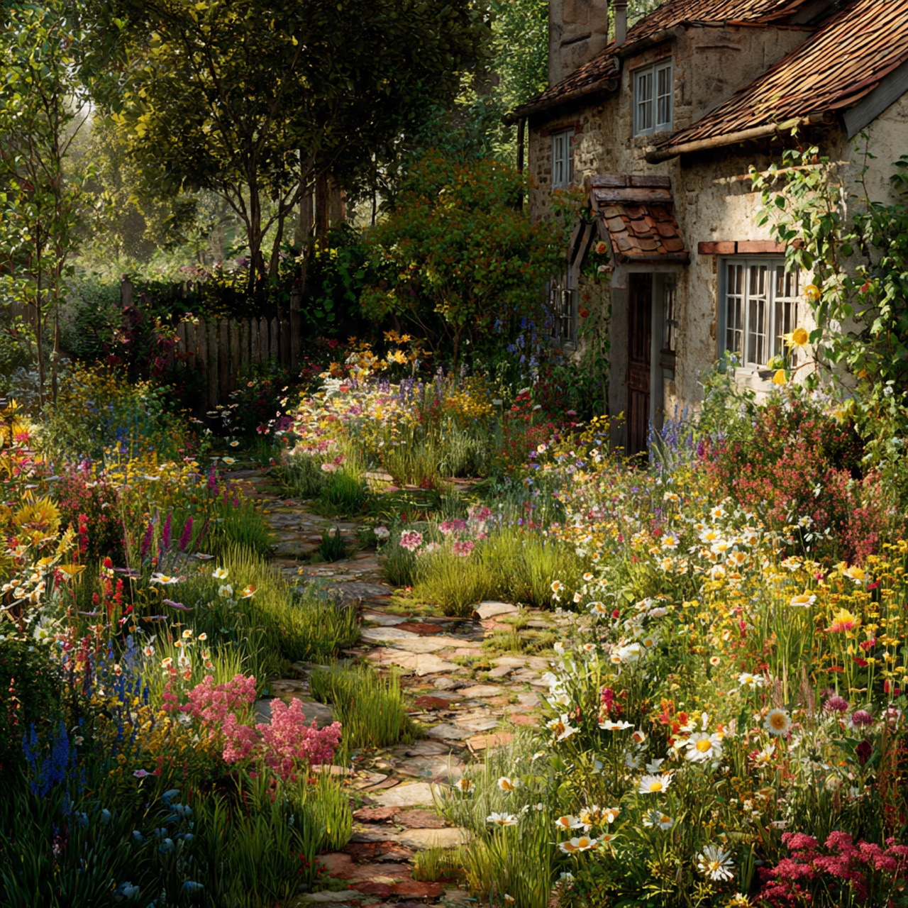 overflowing cottage garden with colorful flowers narrow 3