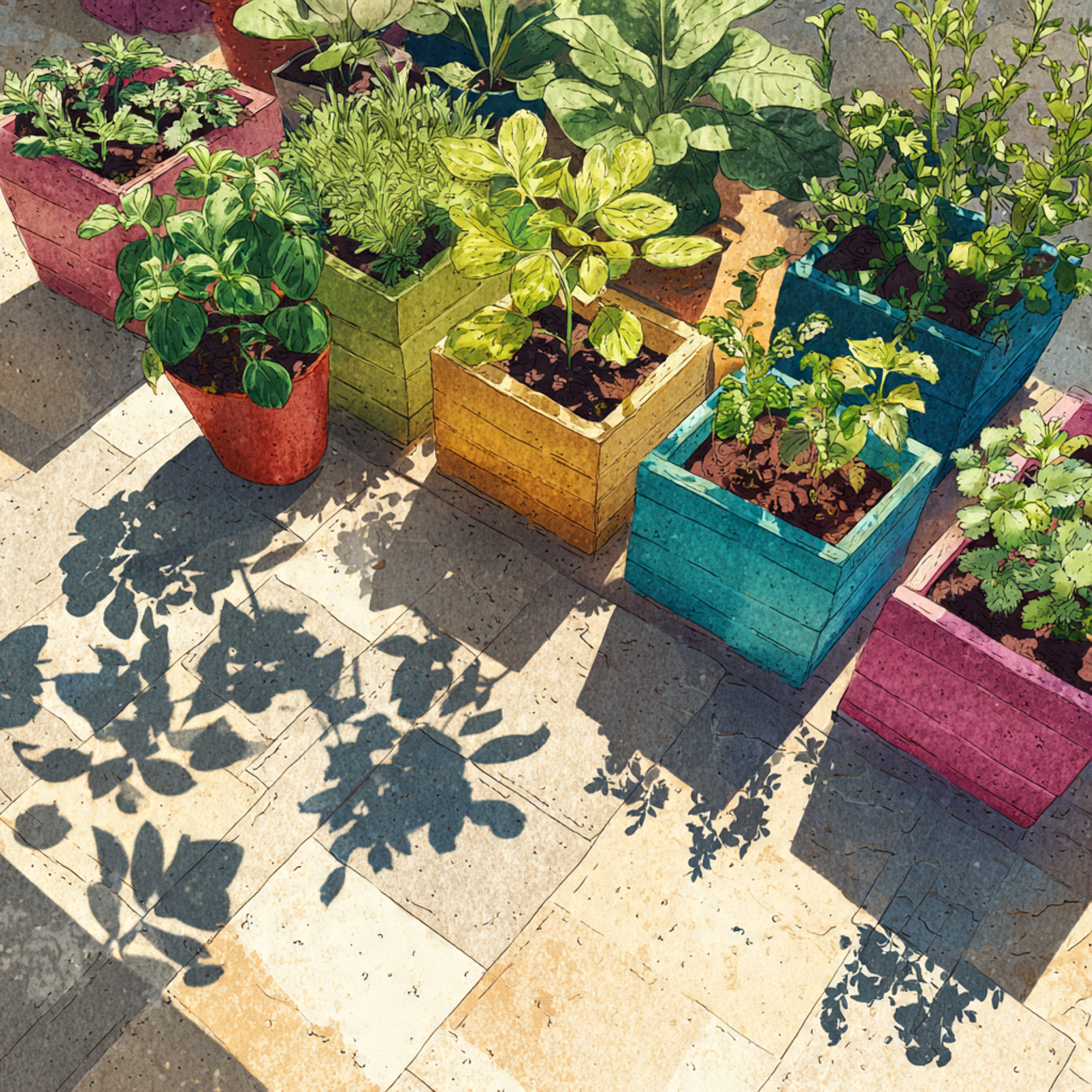 patio garden with colorful containers filled with
