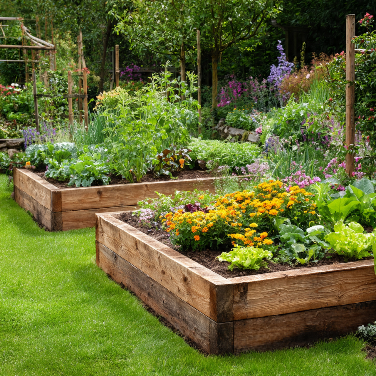 Create a Backyard Oasis: 24 Ultimate Guide to a Relaxing Outdoor Retreat 11 raised wooden garden beds with vegetables and