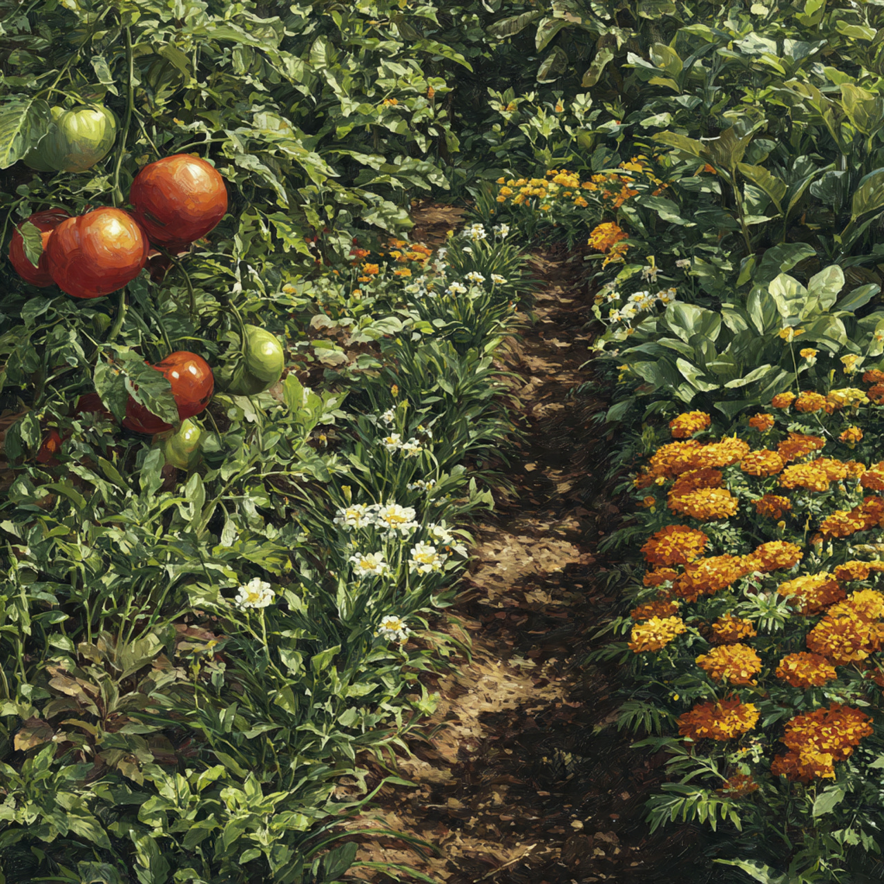 realistic garden showing companion planting with tomatoes