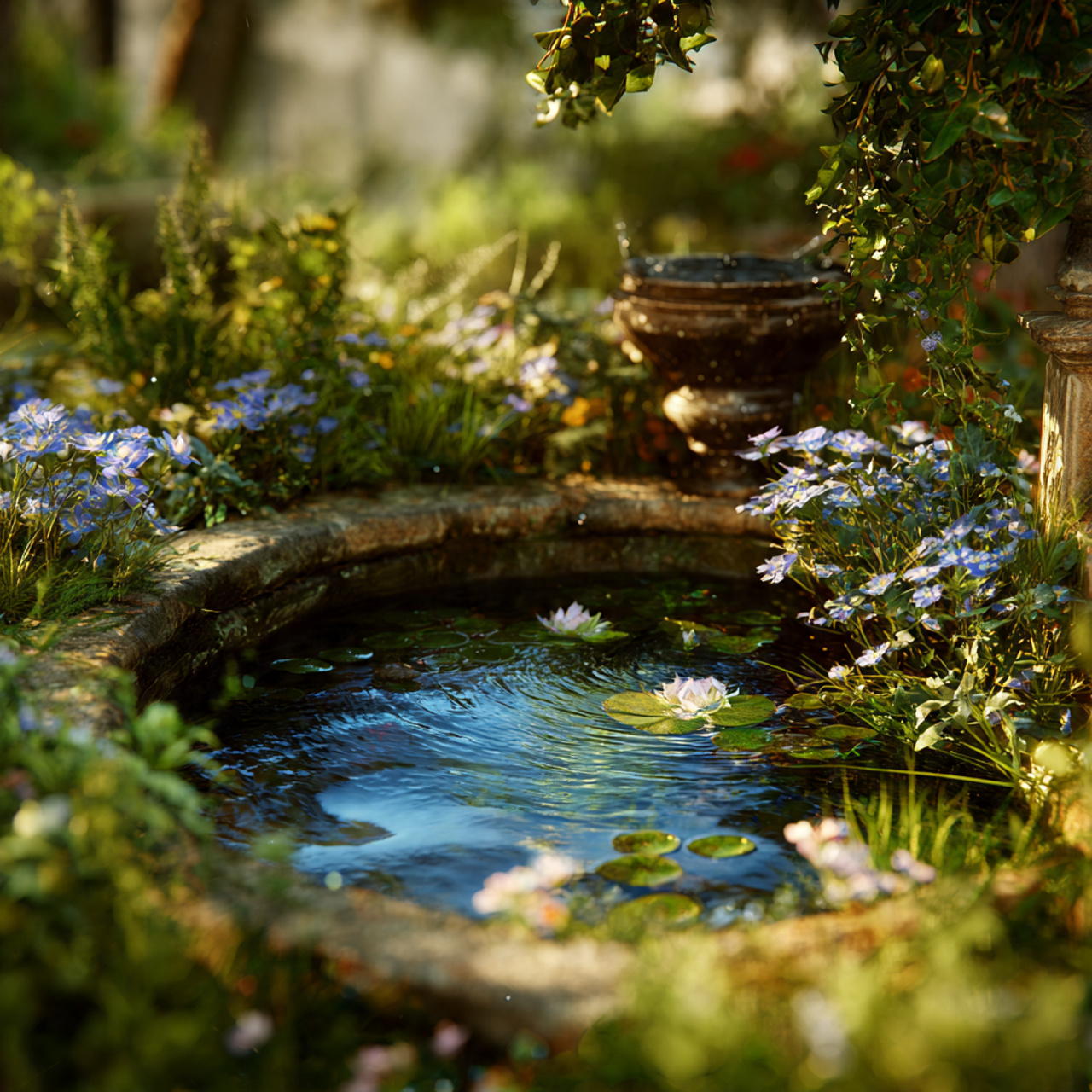 small backyard pond or fountain surrounded by