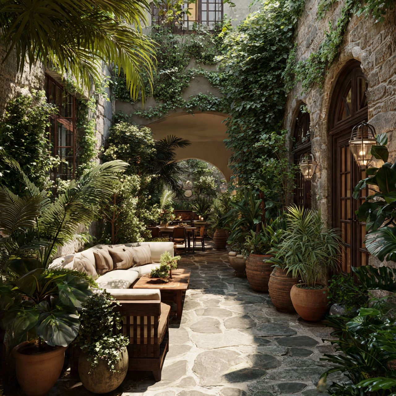 small courtyard filled with potted plants stone