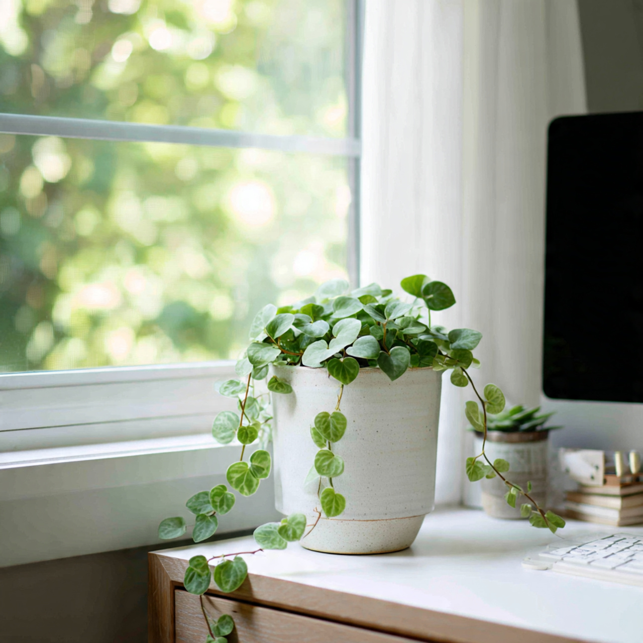 Minimalist Desk Setup with String of Hearts